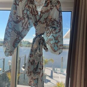 Elegant Blue and Brown Patterned Women's Wrap Dress